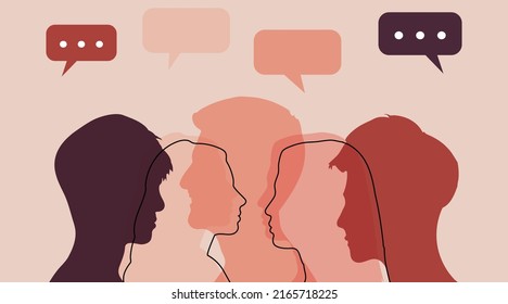 Talking and share ideas. Communication concept. Dialogue group of diverse multiethnic multicultural people. Silhouette heads diversity people in profile. Communication concept and Speech bubble.