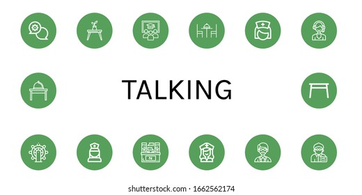 talking simple icons set. Contains such icons as Support, Table, Class, Nurse, Leadership, Interview, Instructor, Broker, can be used for web, mobile and logo