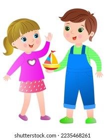 Talking and smiling boy and girl in cartoon style