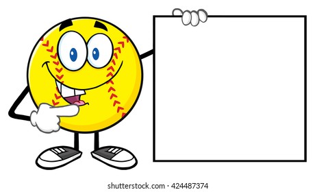 Talking Softball Cartoon Mascot Character Pointing To A Blank Sign. Vector Illustration Isolated On White Background