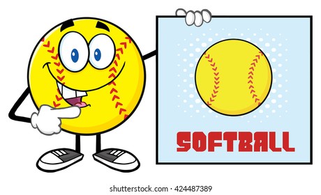Talking Softball Cartoon Mascot Character Pointing To A Sign With Text Softball. Vector Illustration Isolated On White Background