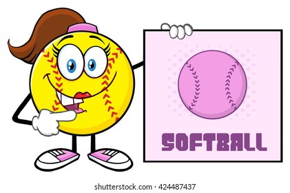 Talking Softball Girl Cartoon Mascot Character Pointing To A Sign With Text Softball. Vector Illustration Isolated On White Background