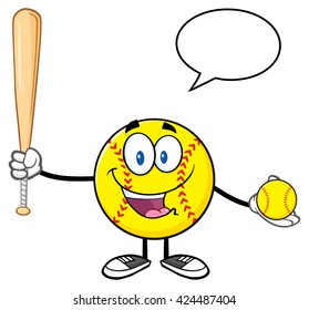 Talking Softball Player Cartoon Character Holding A Bat And Ball With Speech Bubble. Vector Illustration Isolated On White Background