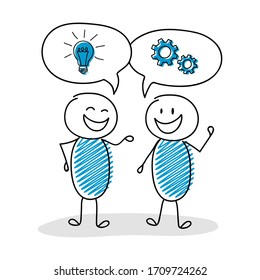 Talking stickmen with speech bubbles and business icons. Vector