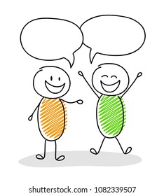 Talking stickmen with speech bubbles - happy and excited facial expression. Vector.