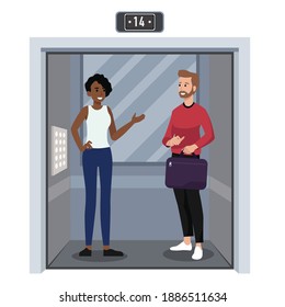 talking to a stranger in the elevator flat vector illustration isolated on white background