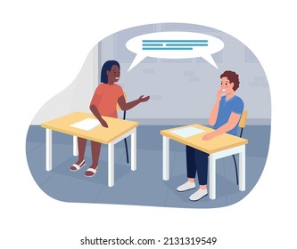 Talking students 2D vector isolated illustration. High school pupils flat characters on cartoon background. Classroom conversation colourful scene for mobile, website, presentation