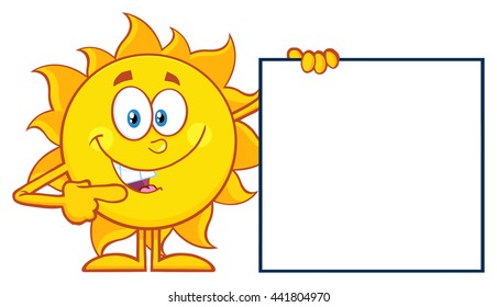 Talking Sun Cartoon Mascot Character Pointing To A Blank Sign. Vector Illustration Isolated On White Background