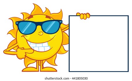 Talking Sun Cartoon Mascot Character With Sunglasses Pointing To A Blank Sign. Vector Illustration Isolated On White Background