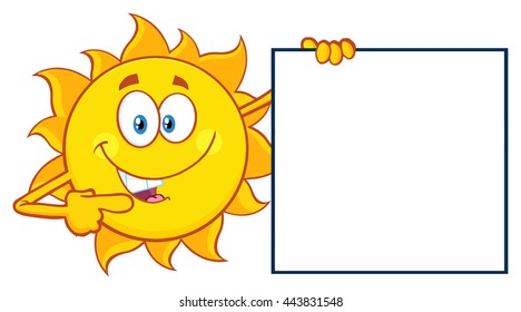 Talking Sun Cartoon Mascot Character Pointing To A Blank Sign. Vector Illustration Isolated On White Background
