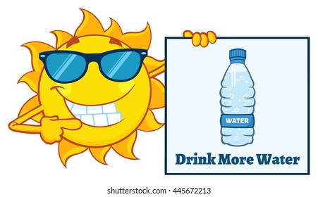 Talking Sun Cartoon Mascot Character With Sunglasses Pointing To A Sign With Text Drink More Water. Vector Illustration Isolated On White Background