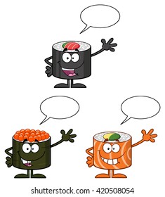 Talking Sushi Rolls Cartoon Mascot Characters Waving With Speech Bubble. Set Vector Collection Isolated On White