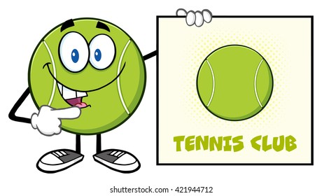 Talking Tennis Ball Cartoon Mascot Character Pointing To A Sign Tennis Club. Vector Illustration Isolated On White