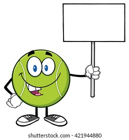 Talking Tennis Ball Cartoon Mascot Character Holding A Blank Sign. Vector Illustration Isolated On White