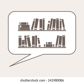 Talking or thinking about knowledge, library, learning - books on the shelves simply retro vector illustration in speech bubble balloon.