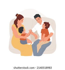 Talking together isolated cartoon vector illustration. Family relationship, parents and kids talking together, sitting at sofa in a living room, having conversation, lifestyle vector cartoon.