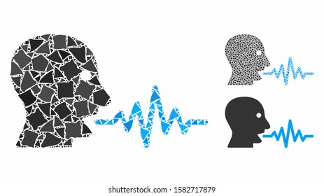 Talking user signal composition of tremulant elements in different sizes and color tinges, based on talking user signal icon. Vector rough dots are combined into collage.