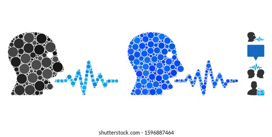 Talking user signal mosaic of small circles in variable sizes and shades, based on talking user signal icon. Vector small circles are composed into blue mosaic.