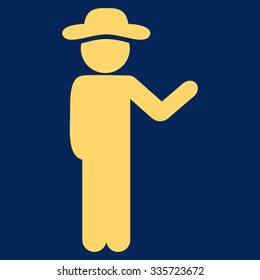 Talking User vector icon. Style is flat symbol, yellow color, rounded angles, blue background.