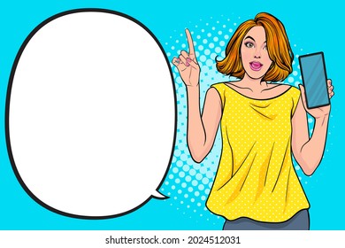 Talking woman pointing and holding a smartphone introducing retro cartoon style pop art