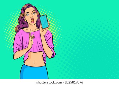 Talking woman pointing and holding a smartphone introducing retro cartoon style pop art