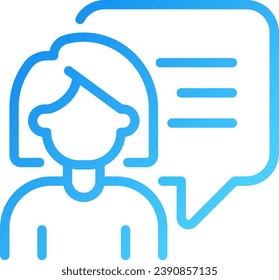 Talking woman with speech bubble pixel perfect gradient linear vector icon. Female person thinking. Communication. Thin line color symbol. Modern style pictogram. Vector isolated outline drawing