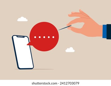Talks a lot about nothing. Symbol of misunderstanding, negotiation problems, miscommunication. Regular sharp sewing needle popping speech bubble. Flat vector illustration