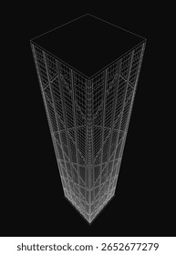 Um arranha-céu alto, renderizado em 3D, destaca-se contra um fundo preto, exibindo detalhes arquitetônicos realistas. O contraste acentuado destaca a fachada branca elegante e moderna do edifício.