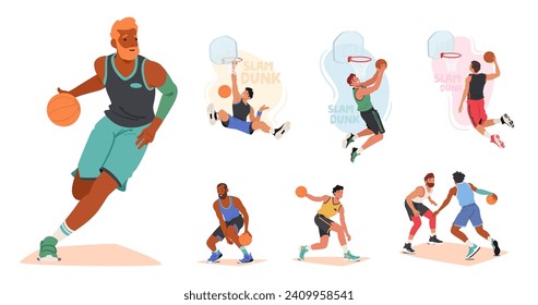 Tall, Agile Athletes Male Characters Dribble And Shoot On Basketball Court, Showcasing Skill And Teamwork. Their Dynamic Movements And Slam Dunks Captivate Fans In Electrifying Displays Of Athleticism