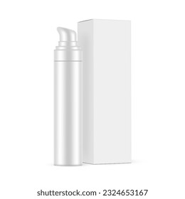Tall Airless Pump Bottle Mockup With Packaging Box, Isolated on White Background. Vector Illustration