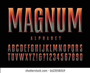 A tall alphabet with warm subtle colors. Magnum font is an elegant serif lettering style with a deep color palette and pen-stroked highlights and shadows. Good for alcohol bottles, wine bar logo, etc.