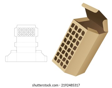 Tall angle box with stenciled geometric window die cut template and 3D mockup