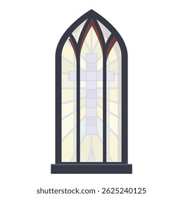 Tall arched church stained glass window with a cross design in the center is letting light through