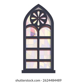 Tall arched church window with stained glass featuring a circular floral design at its apex