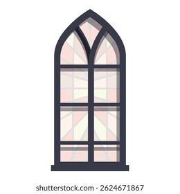 Tall arched church window with a stained glass design is letting light through