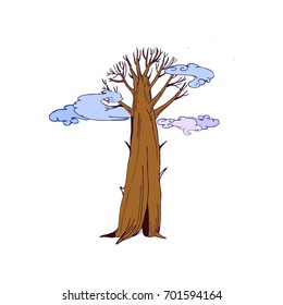 tall bald tree grows up to the sky in the clouds. vector illustration.