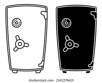 Tall bank safe for storing money and jewelry, swollen with money inside. Cartoon linear icon. Simple black and white vector isolated on white background