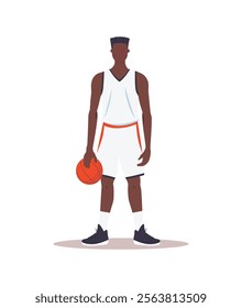 Tall basketball player holding a ball, dressed in a sports uniform, showcasing athleticism, fitness, and passion for basketball in a minimalistic illustration