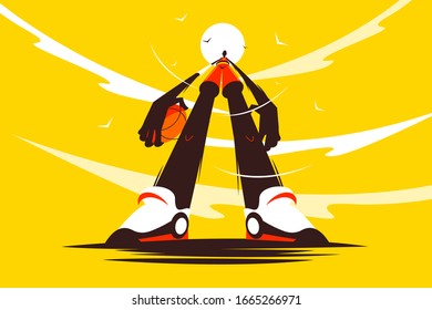 Tall basketball player vector illustration. Guy in sportswear holding ball and standing on playground flat style design. Sport lifestyle and team game concept