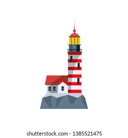Tall beacon on rocks. Red and white tower of lighthouse and house on hill. Can be used for topics like sos, navigation, marine