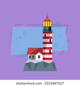 Tall beacon on rocks. Red and white tower of lighthouse and house on hill. Can be used for topics like sos, navigation, marine