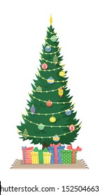 Tall beautiful Christmas tree with garland and Christmas tree toys and gifts. Christmas flat vector illustration.