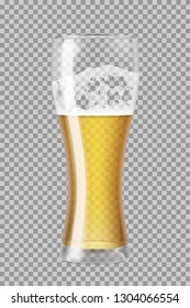 Tall beer glass almost full with lager beer and foam, in the process of drinking. Transparent vector illustration.