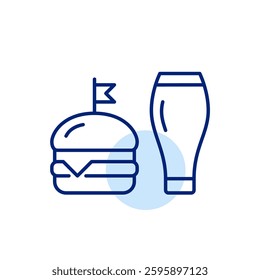 Tall beer glass for draught on tap and cheeseburger. Lunch or snacks at pub. Restaurant bar menu. Pixel perfect, editable stroke vector icon