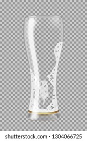 Tall beer glass with lager beer and foam. almost empty, in the process of drinking. Transparent vector illustration.