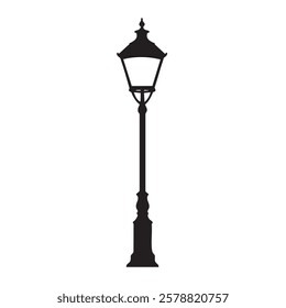 A tall black street lamp stands alone on a white background