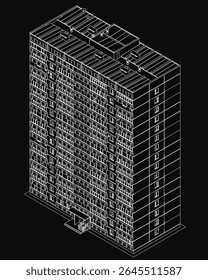 Um edifício alto em preto e branco com numerosas janelas destaca-se contra um fundo escuro, apresentando linhas de contorno limpas e um estilo arquitetônico minimalista.