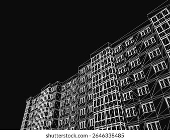 A tall black and white building with numerous windows stands against a dark background, drawn in clean contour lines. The minimalist house3 design emphasizes geometric precision and architectural.