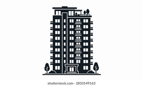 A tall black and white skyscraper with numerous windows in a monochrome cityscape