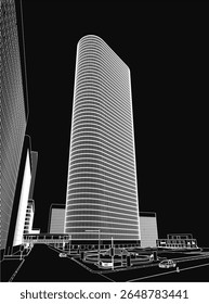 A tall black and white skyscraper stands prominently in a bustling city, surrounded by outlined buildings and moving vehicles. The minimalist illustration captures urban architecture with clean lines.
